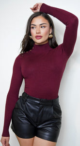 Valora Mock Neck Button Sweater Top - Wine